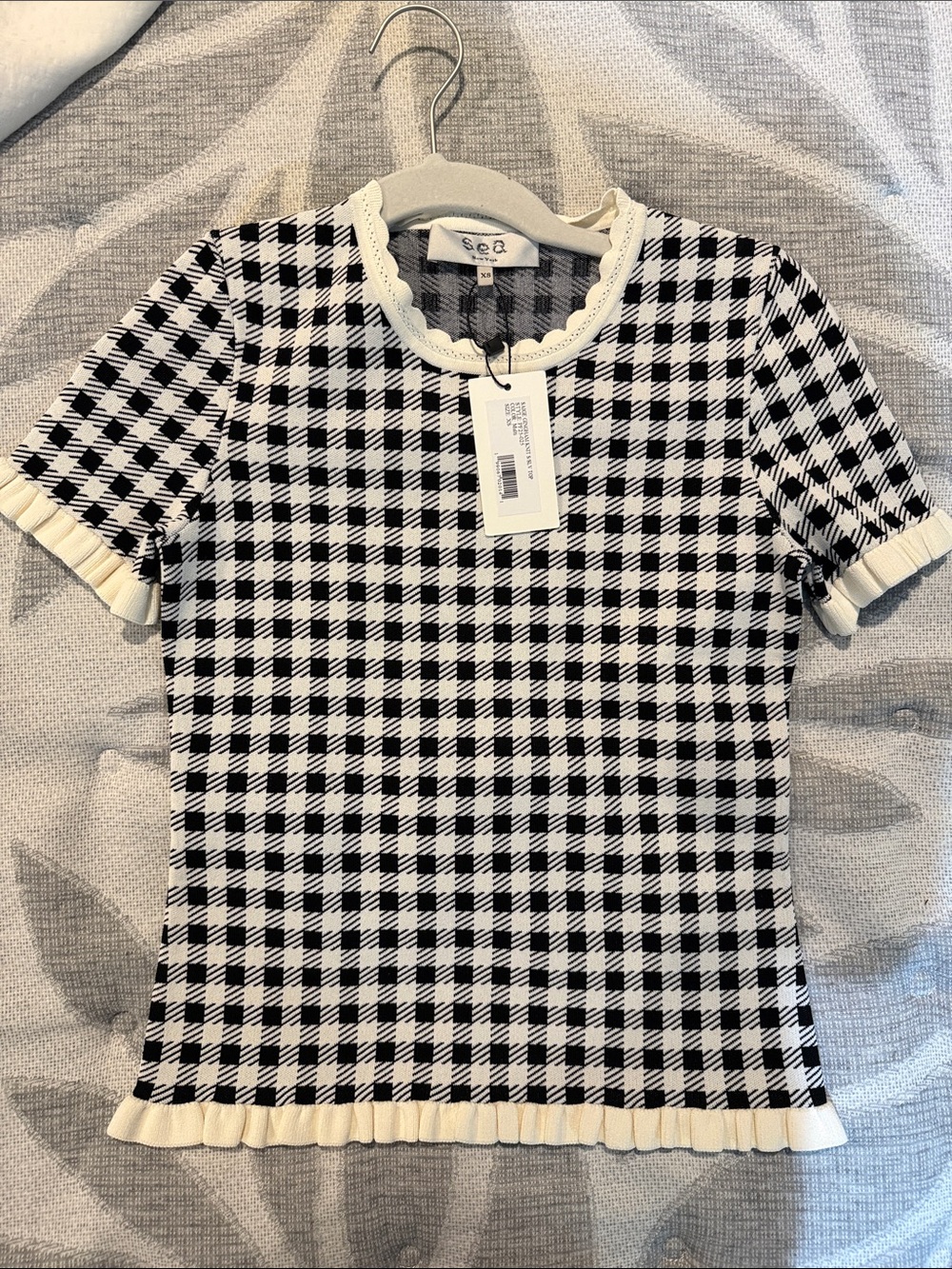 Sea NY Black & White Checked Knit Top with Cream Trim